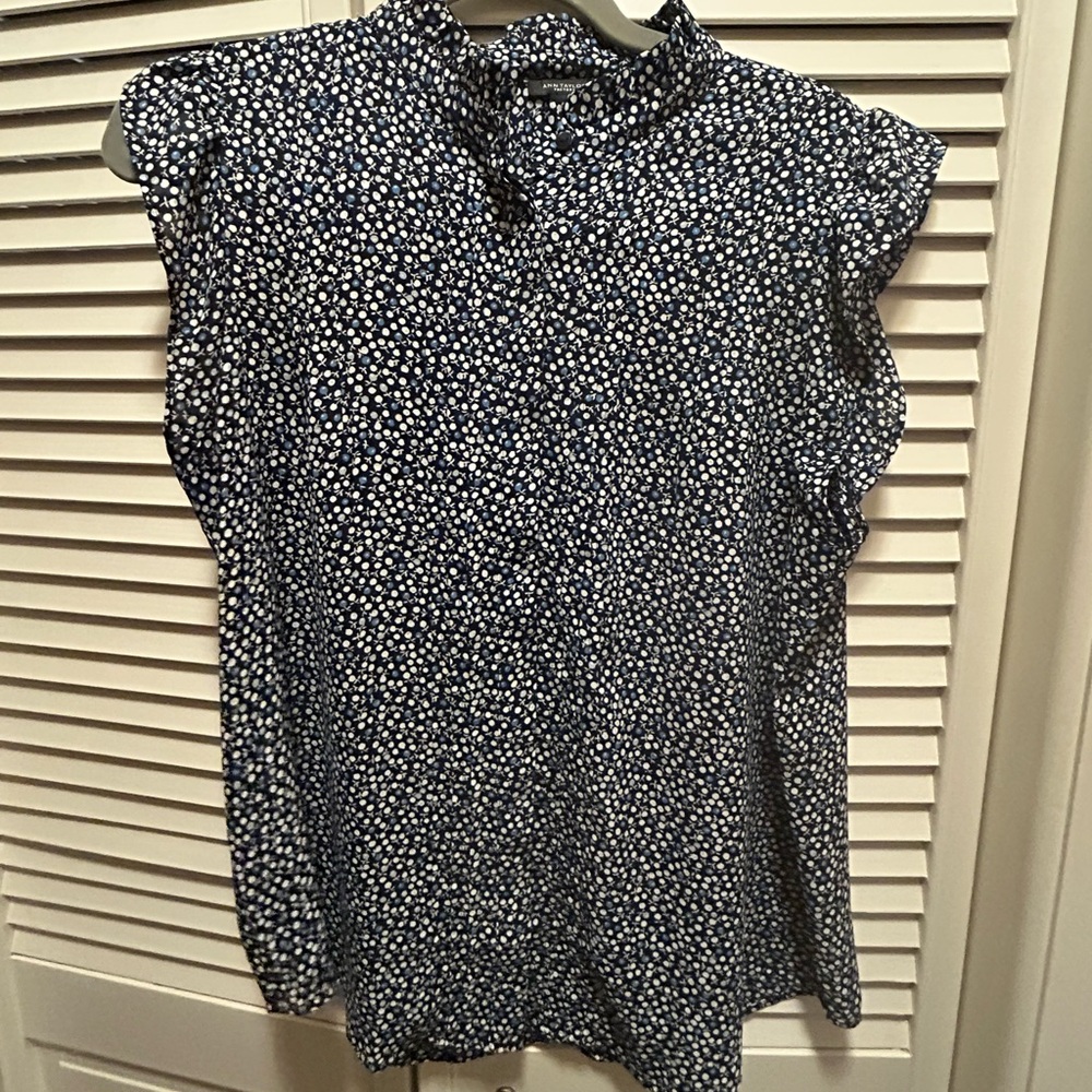 Ann Taylor Factory Navy Blouse with White and Bright Blue Floral Design